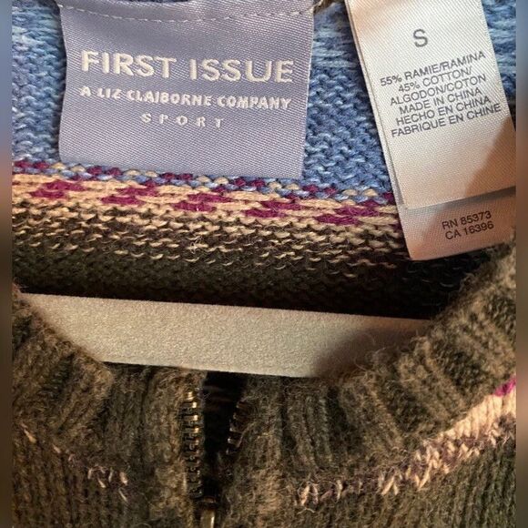 First Issue Sweater Women’s Small Blue Fair Isle Cardigan Ramie Cotton Full Zip - Picture 3 of 5